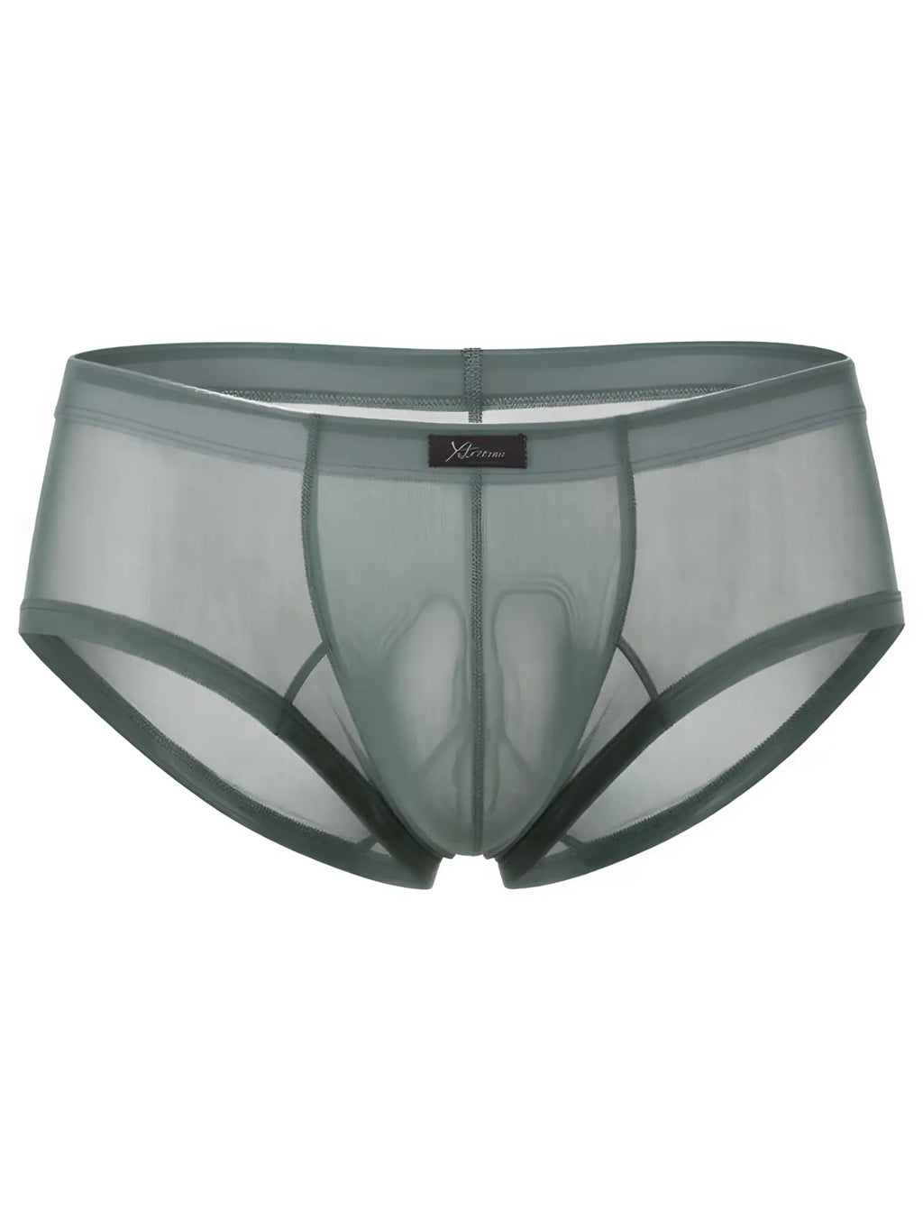 Xtremen sheer mesh bikini briefs in sage green. Lightweight, low-rise style with a branded centre tab.