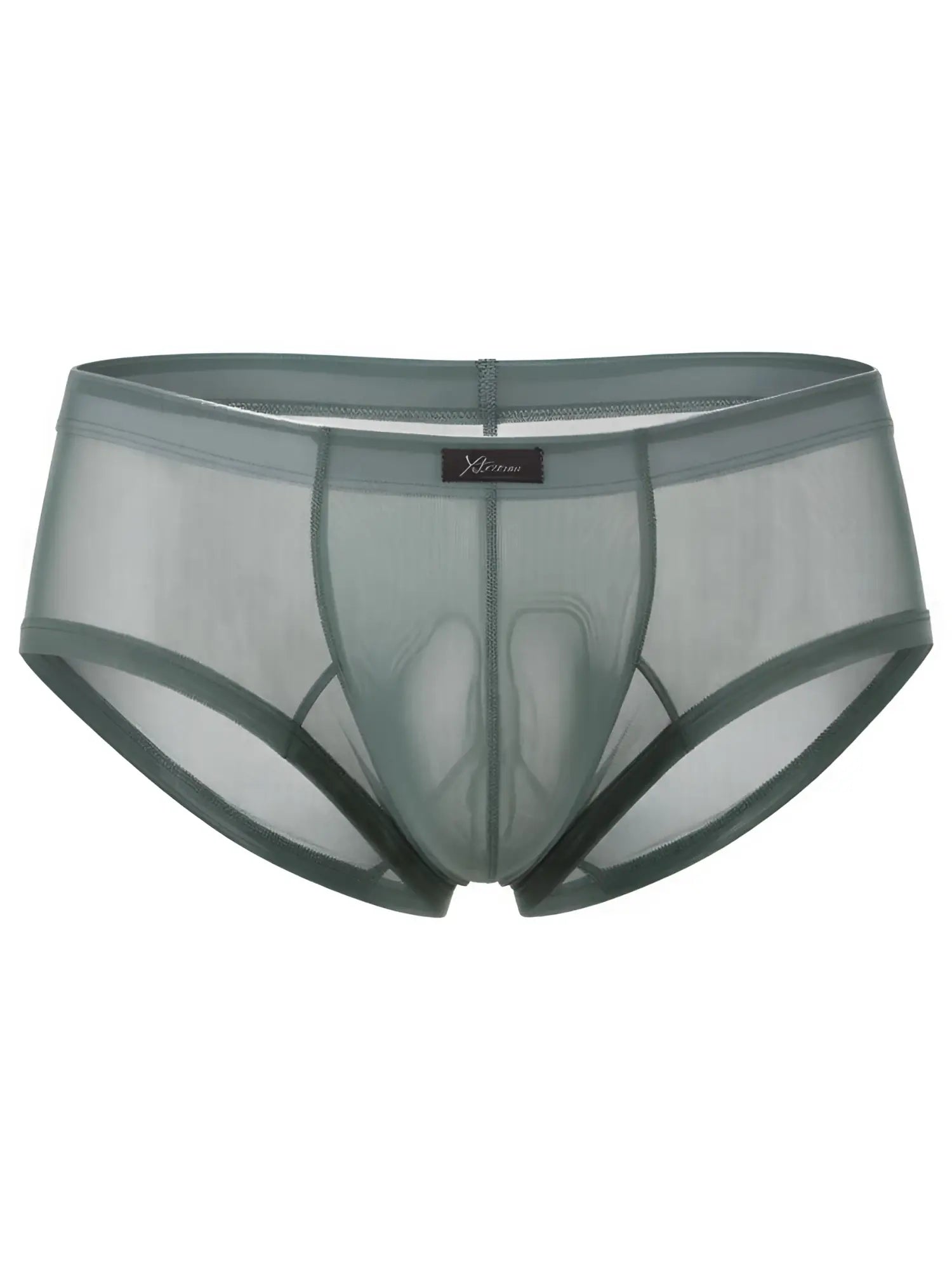 Xtremen sheer mesh bikini briefs in sage green. Lightweight, low-rise style with a branded centre tab.