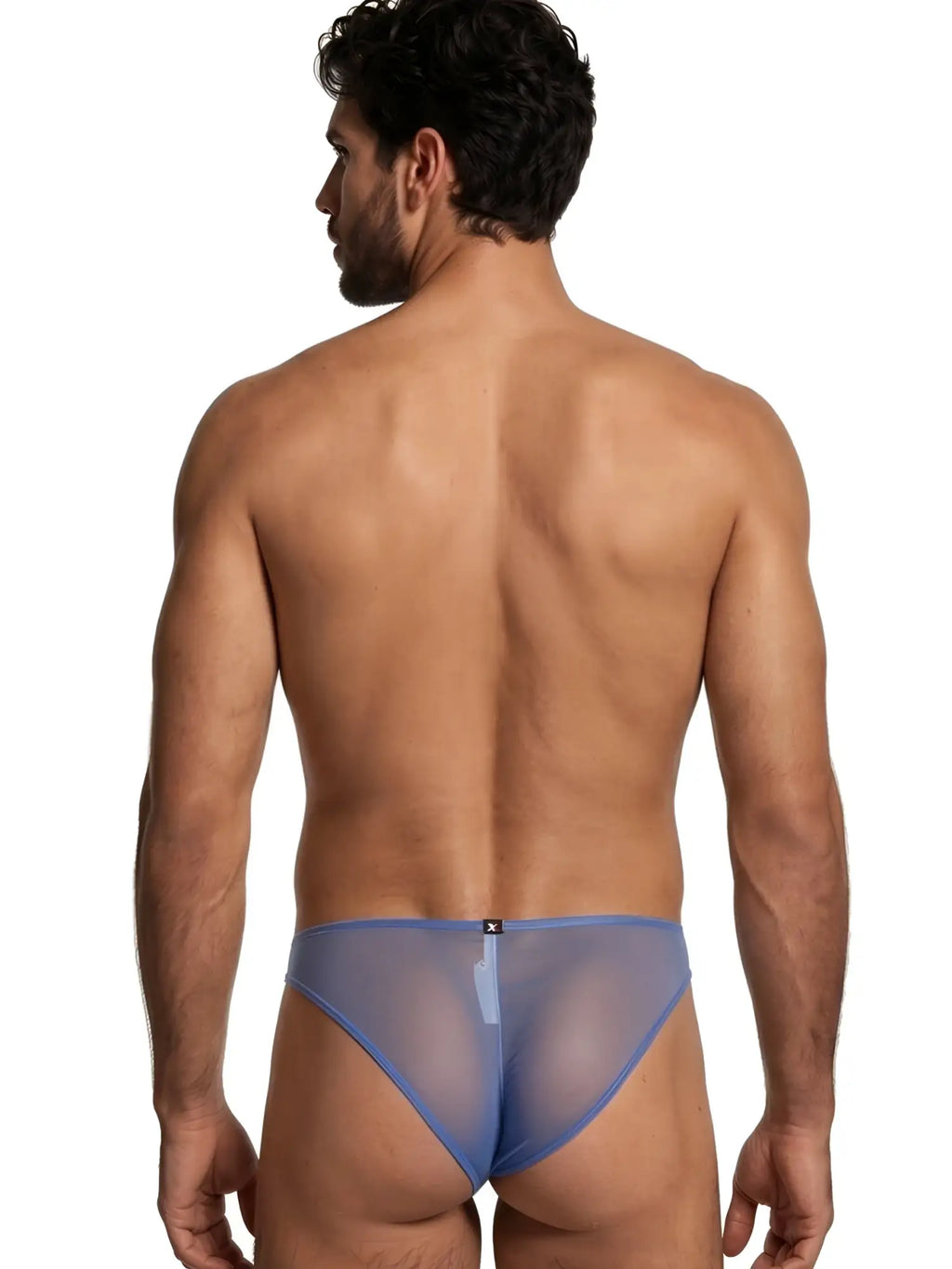 Xtremen mesh bikini brief in blue. Rear view of model wearing low-rise, semi-sheer athletic style underwear.