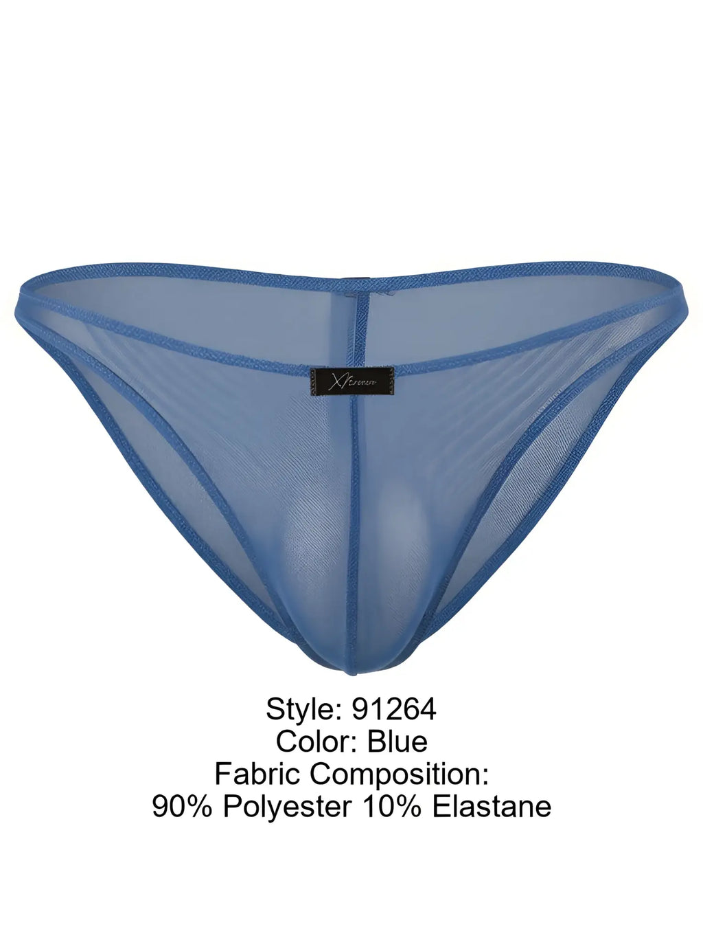 Xtremen 91264 blue mesh bikini brief in polyester-elastane blend. Sheer, lightweight fabric.