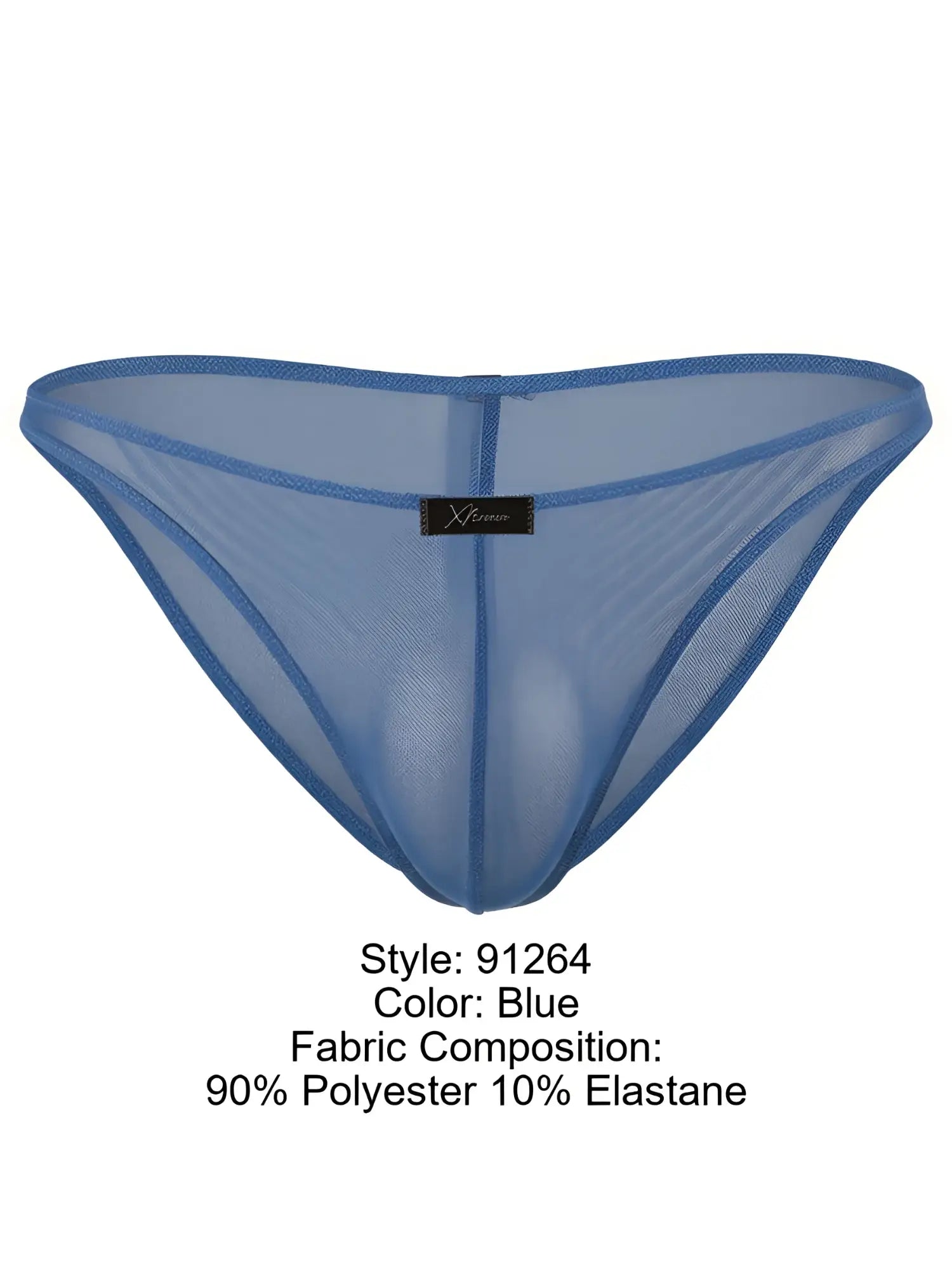 Xtremen 91264 blue mesh bikini brief in polyester-elastane blend. Sheer, lightweight fabric.
