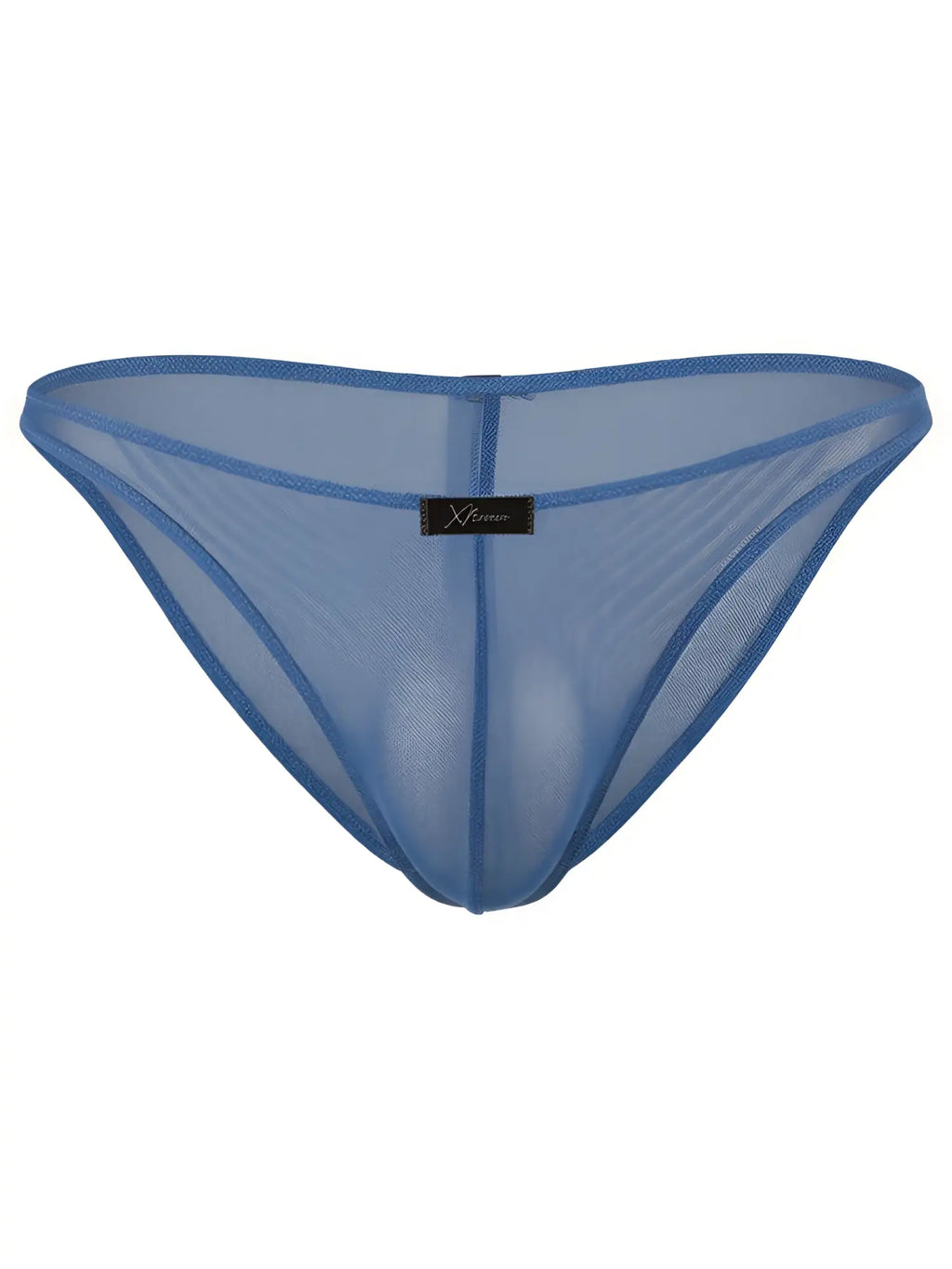 Xtremen blue mesh bikini brief. Lightweight, sheer fabric design with branded logo tab. Model: 92120.