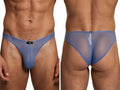 Xtremen blue mesh bikini brief. Front and back view of sheer, lightweight fabric. Perfect for a breathable fit.