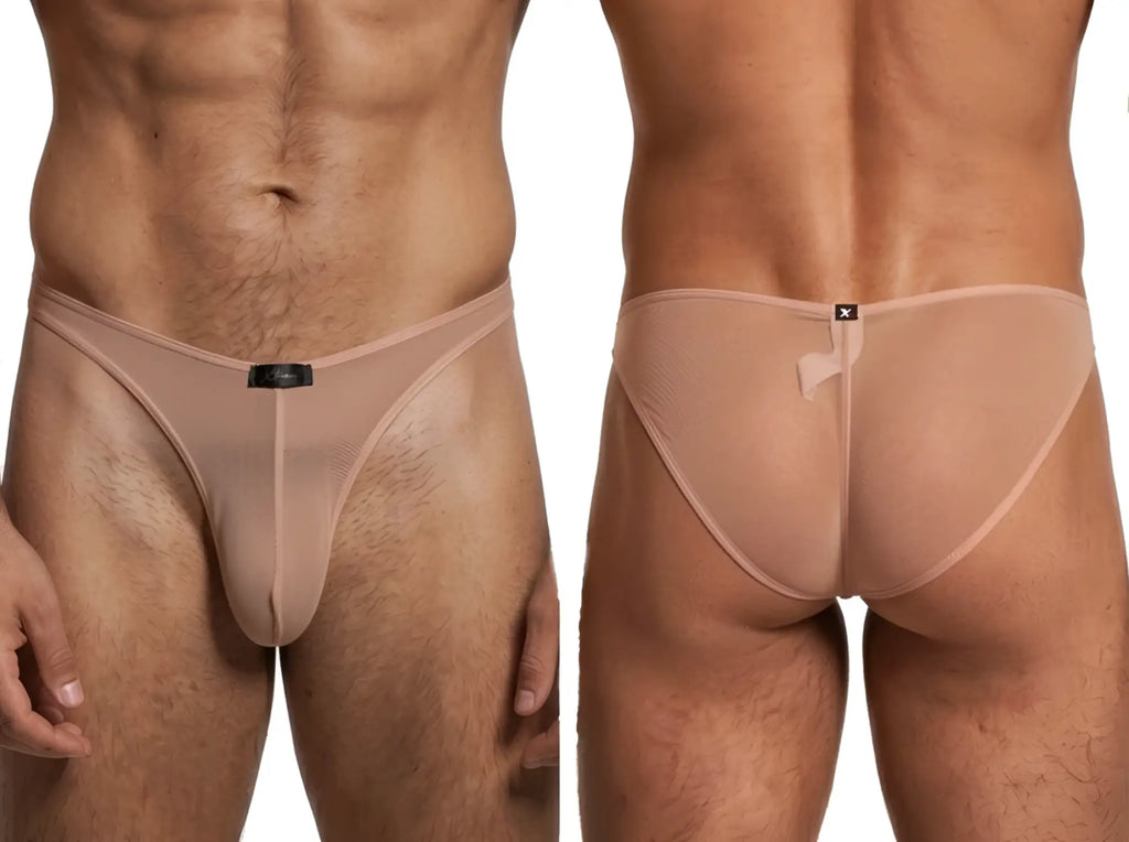 Xtremen beige mesh bikini brief. Sheer, lightweight fabric with front and rear views.