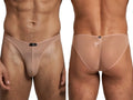 Xtremen beige mesh bikini brief. Sheer, lightweight fabric with front and rear views.
