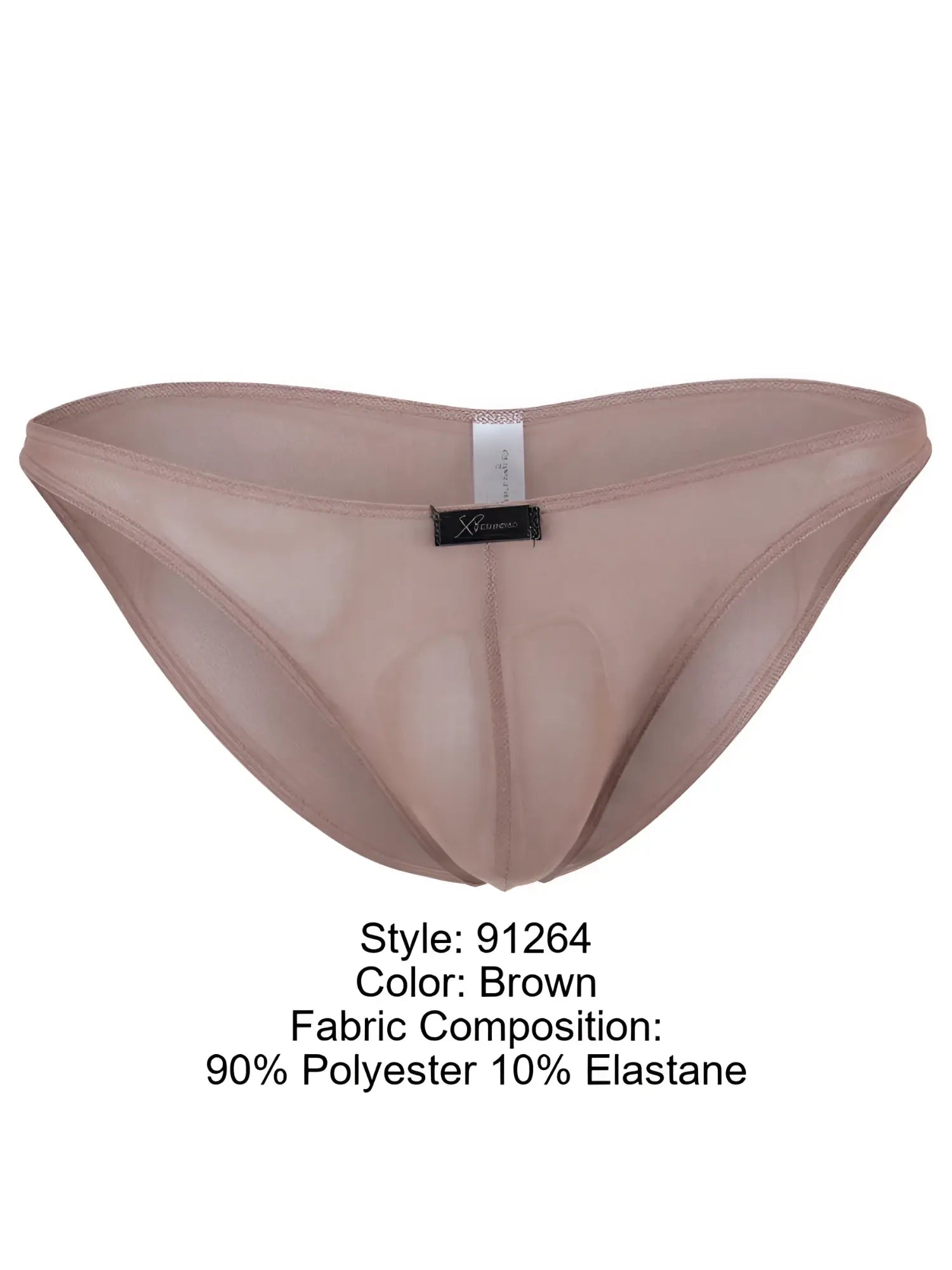 Xtremen brown bikini brief, style 91264. Made from sheer 90% polyester and 10% elastane.