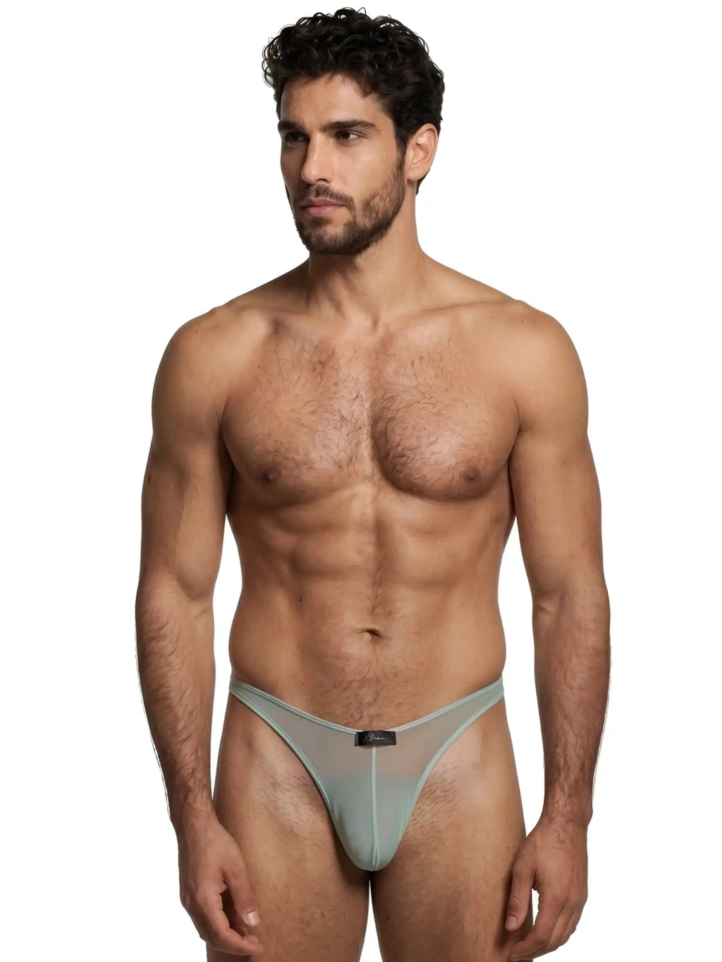 Xtremen sheer mesh thong in sage green, model 96214. Minimalist design with a branded centre pouch.