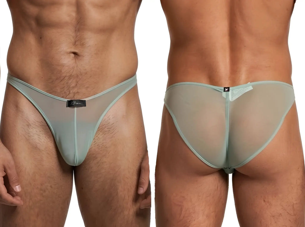Xtremen men's sage green sheer mesh bikini briefs. Front and back view of the lightweight, see-through style.