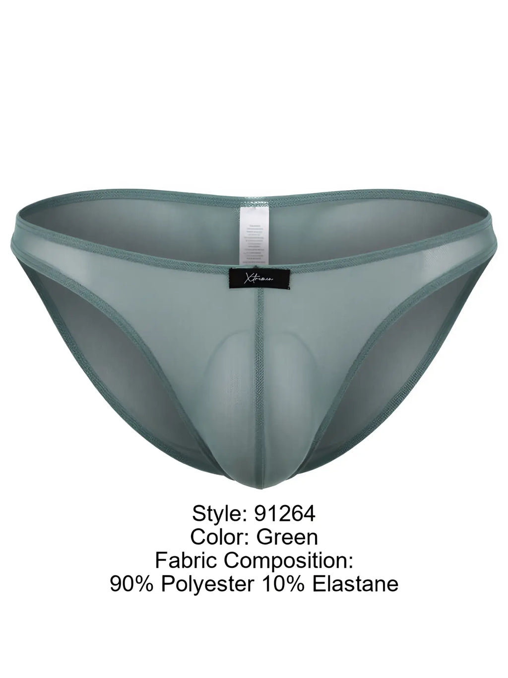 Xtremen men's green brief, style 91264. Sheer polyester and elastane fabric with a supportive pouch.