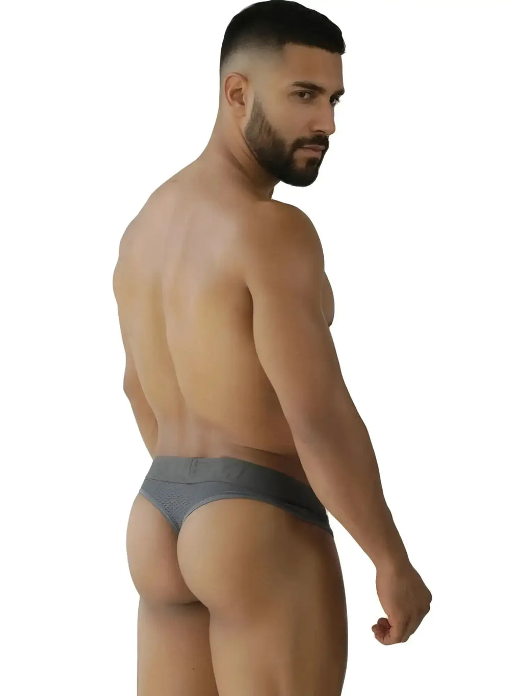 Xtremen 91268 gray microfiber mesh thong, lifestyle back view on a male model.