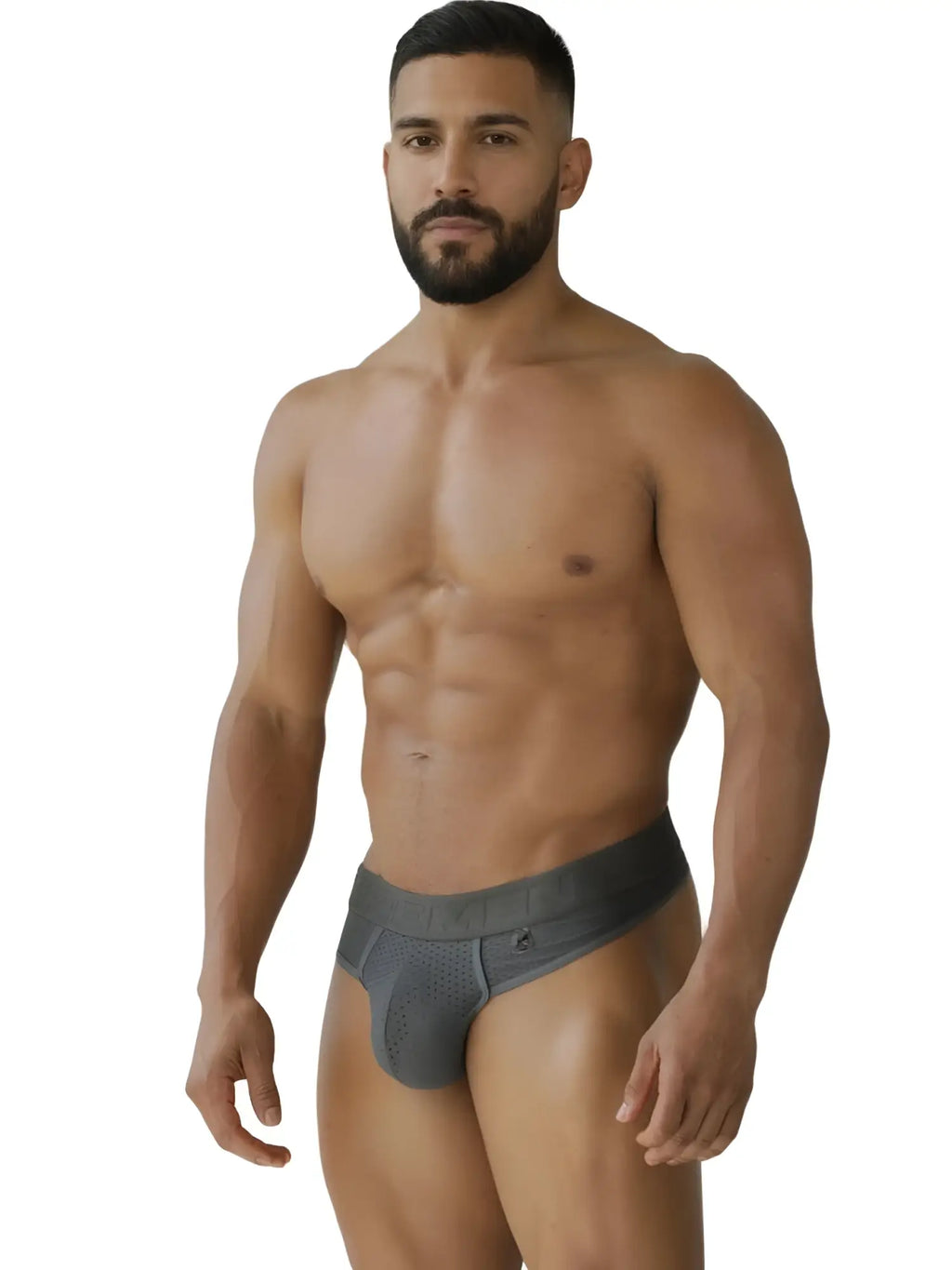 Front view of a model wearing Xtremen 91268 Microfiber Mesh Thongs in gray.