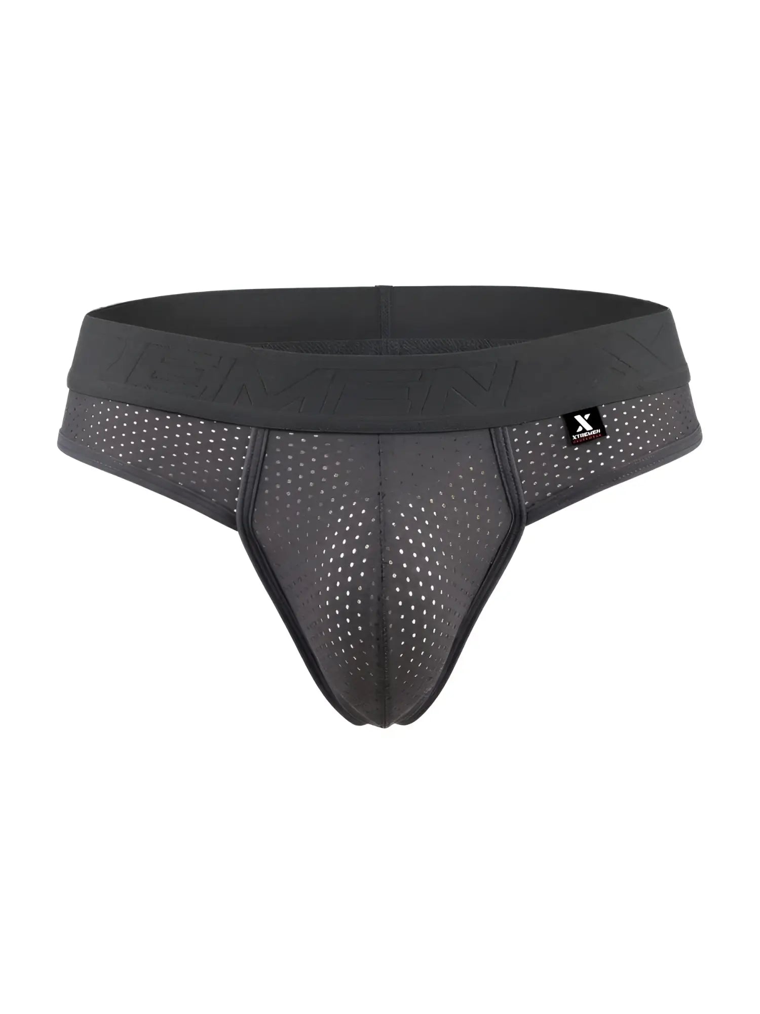 Front view of gray Xtremen 91268 microfiber mesh thong with a branded elastic waistband.