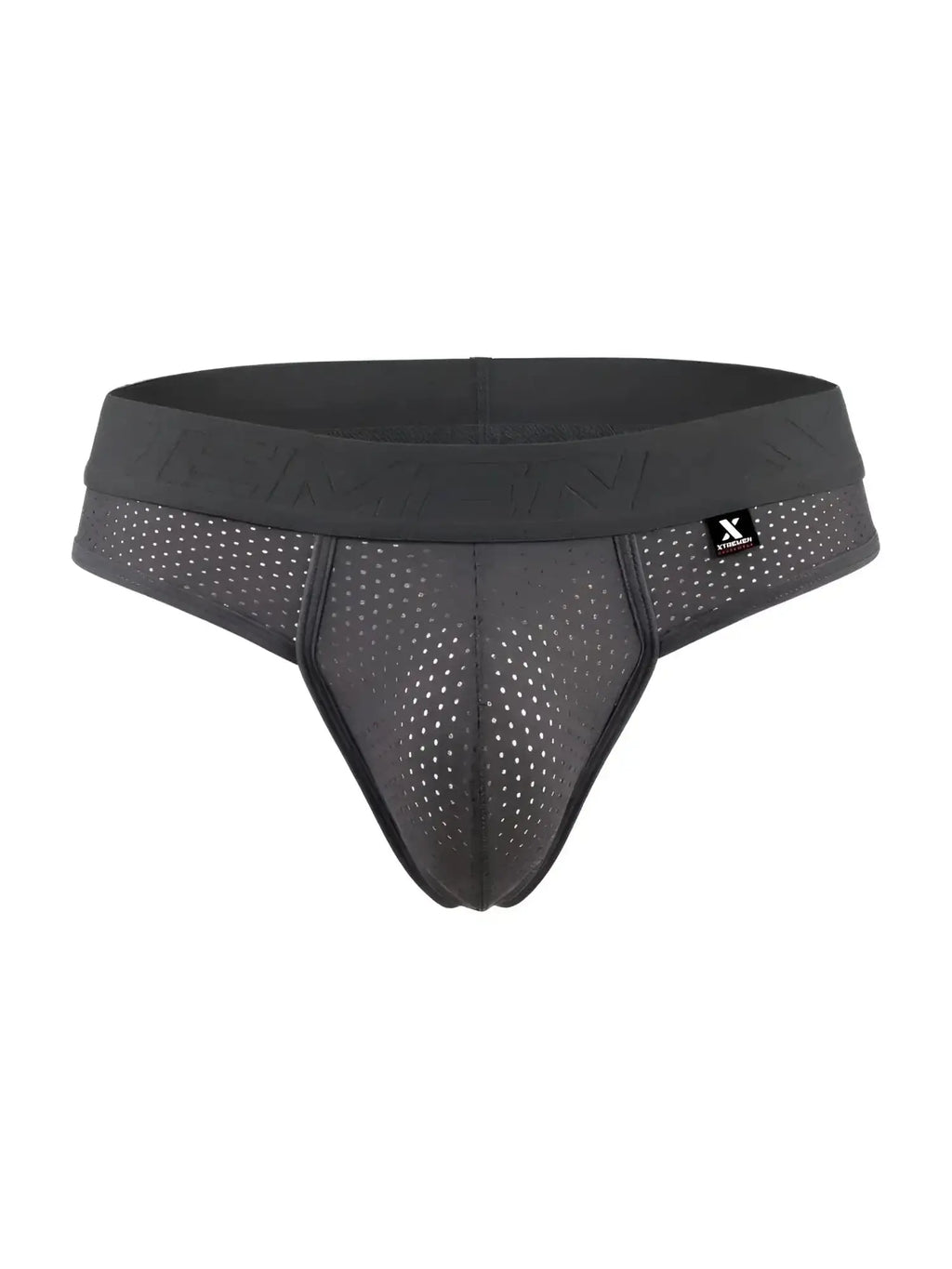 Front view of gray Xtremen 91268 microfiber mesh thong with a branded elastic waistband.