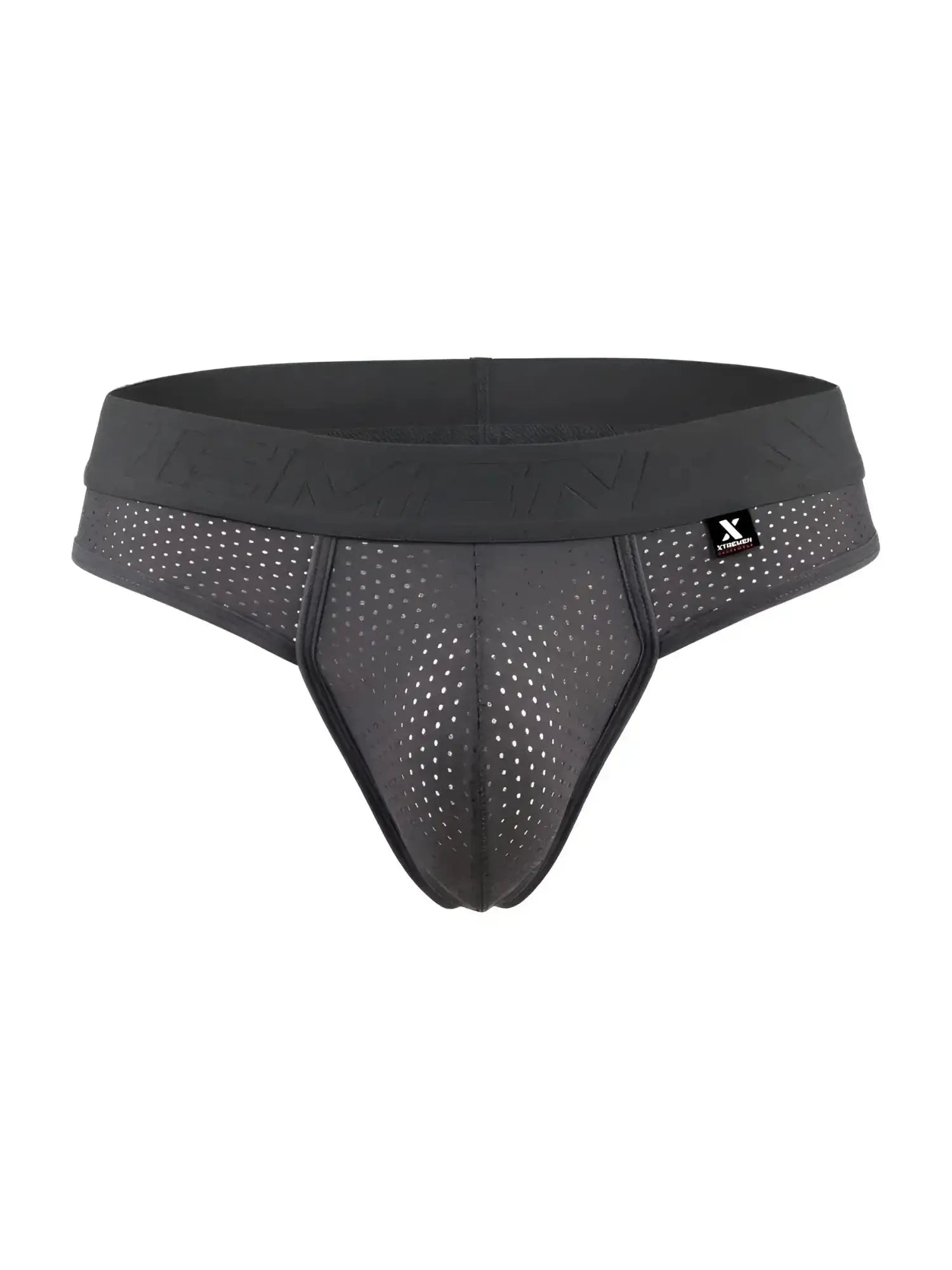 Front view of gray Xtremen 91268 microfiber mesh thong with a branded elastic waistband.