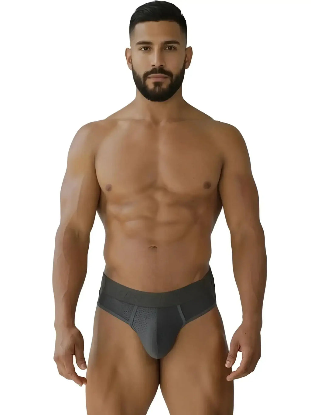 Front view of a model wearing Xtremen 91268 gray microfiber mesh thong underwear.
