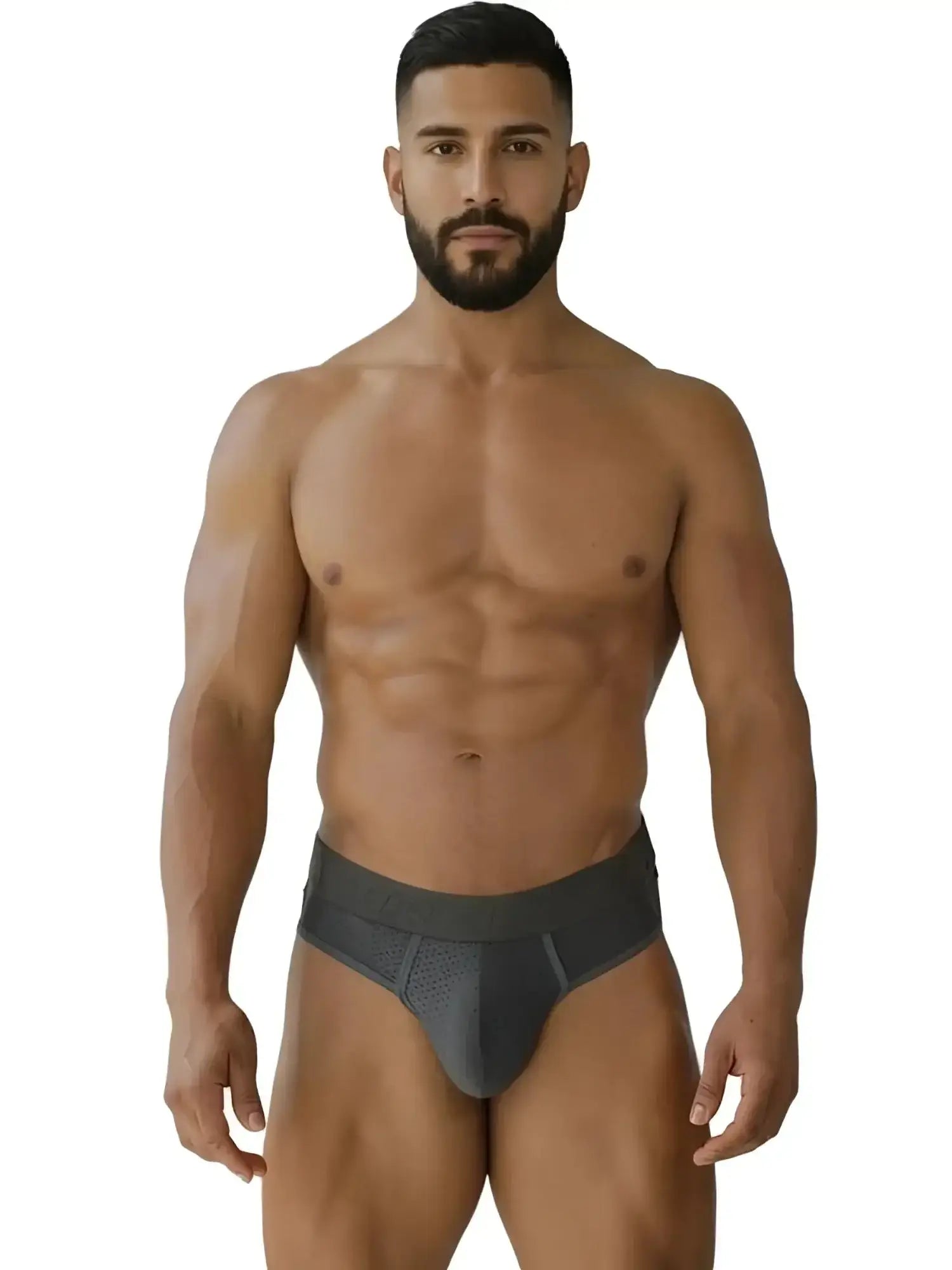 Front view of a model wearing Xtremen 91268 gray microfiber mesh thong underwear.