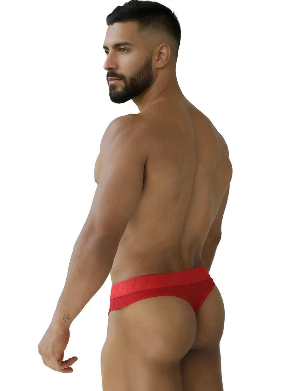 Xtremen 91268 Microfiber Mesh Thong in red, back view on a male model.