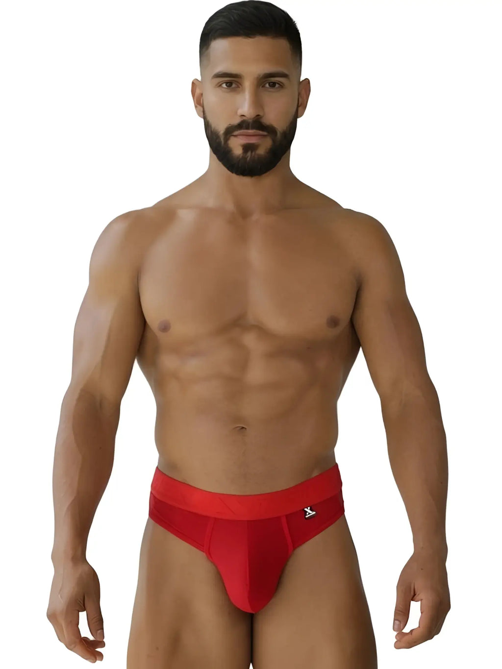 Xtremen 91268 red microfiber mesh thong shown in a front view on a male model.