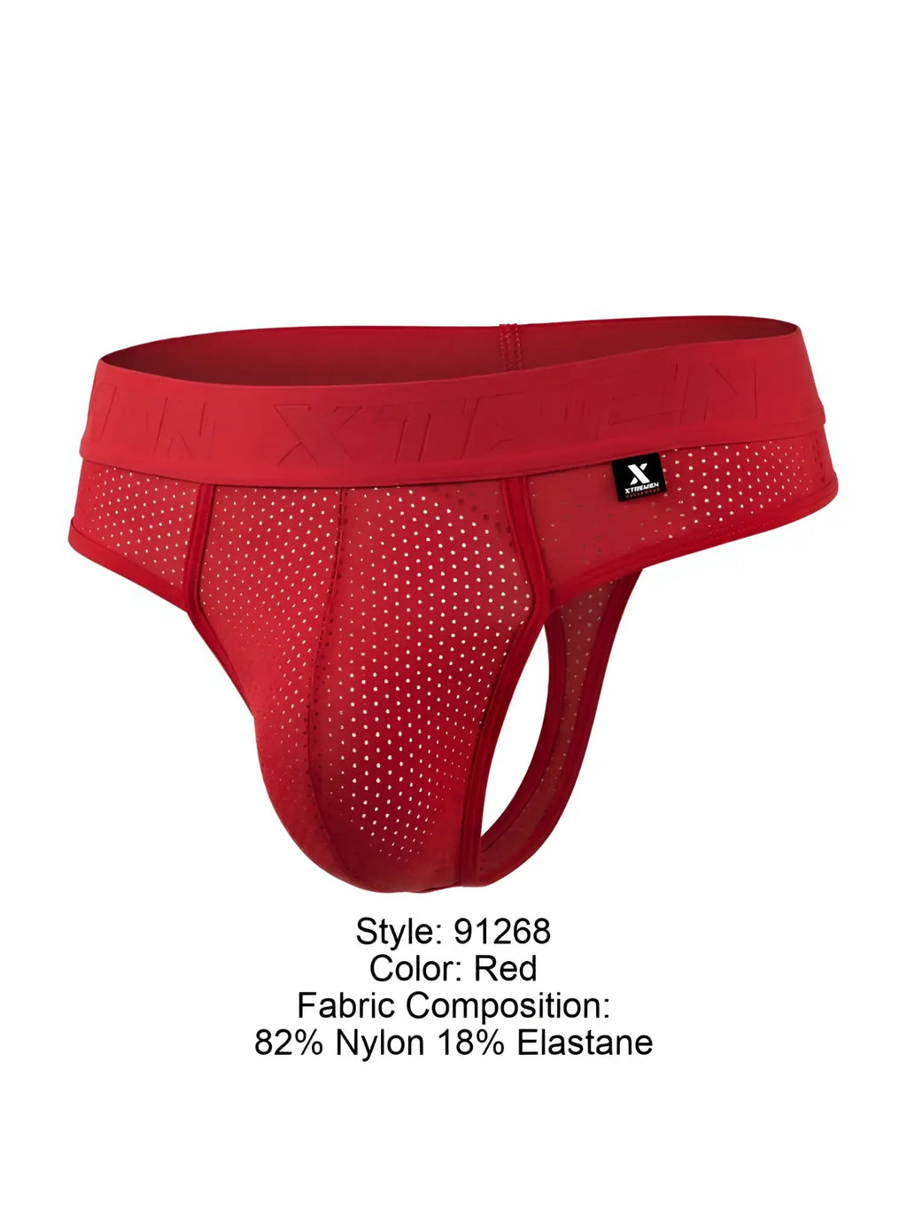 Front view of red Xtremen 91268 microfiber mesh thong with branded waistband.