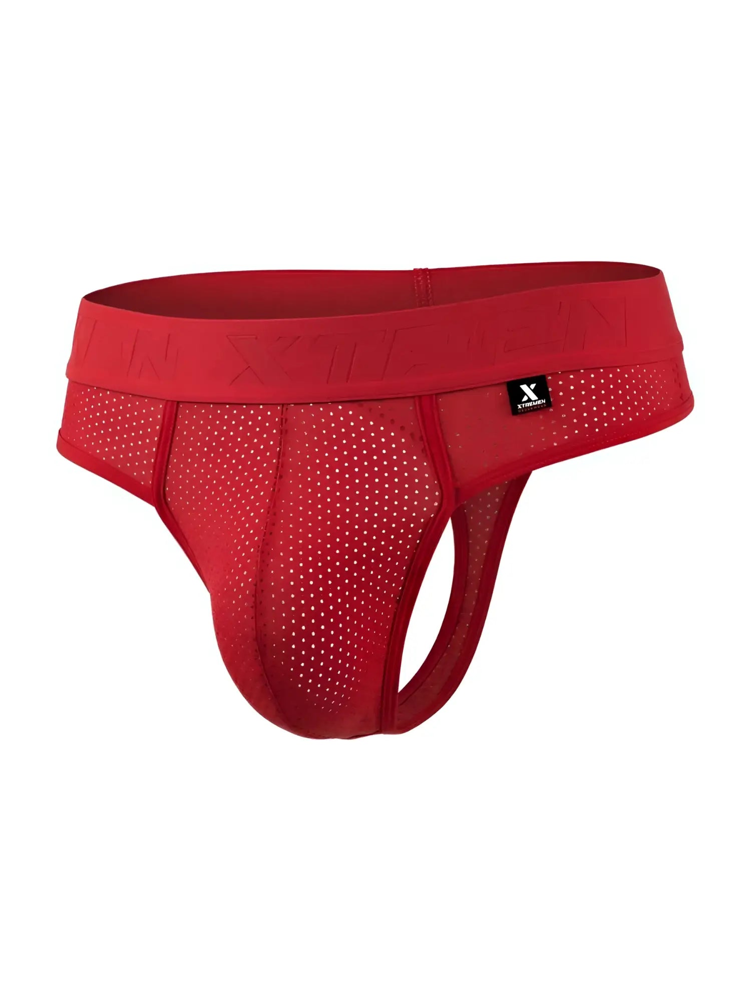 Front view of red Xtremen 91268 Microfiber Mesh thong with branded elastic waistband on a white background.
