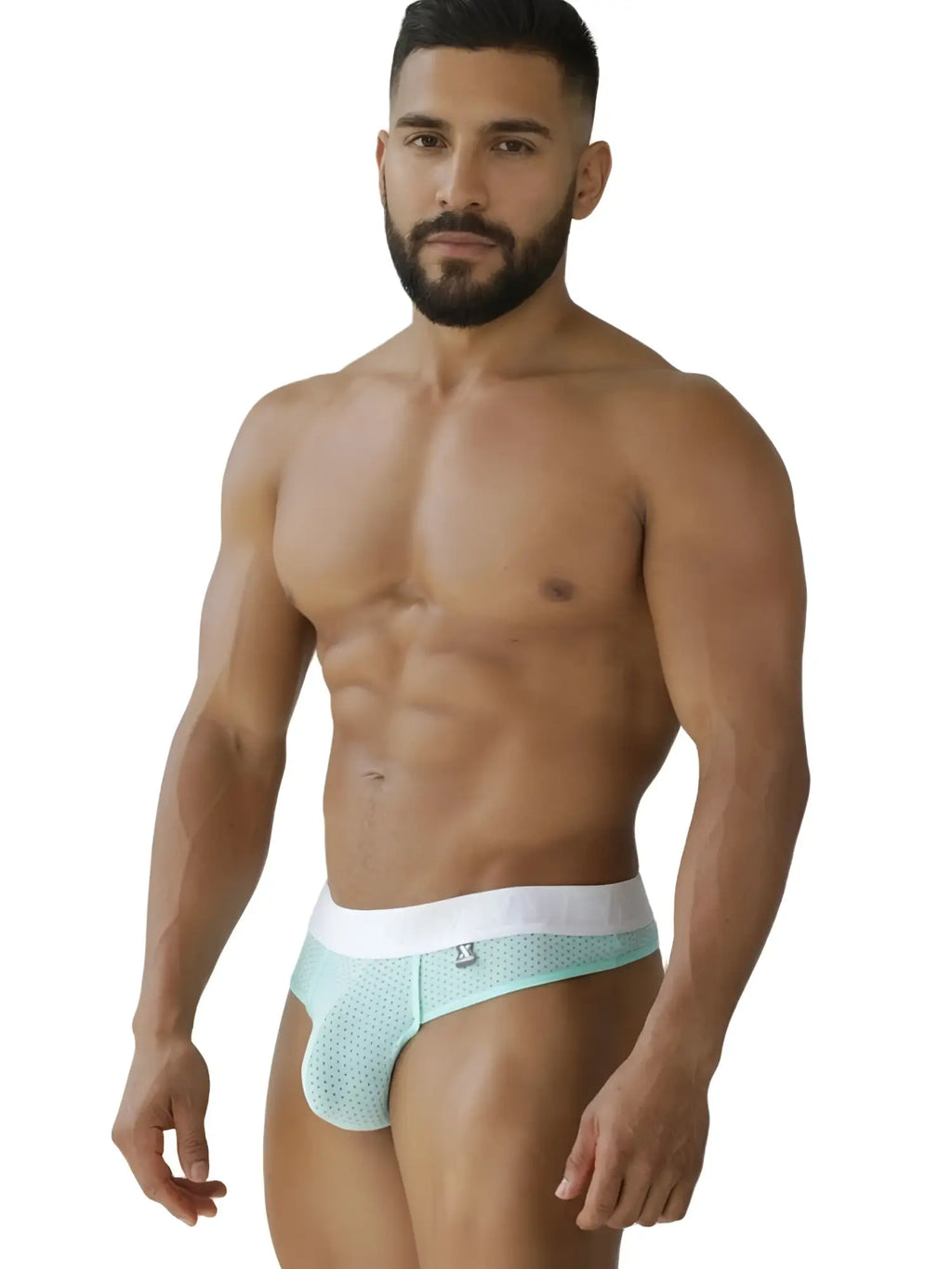 Xtremen 91268 Microfiber Mesh Thong in Seawater; front view of model wearing the underwear.