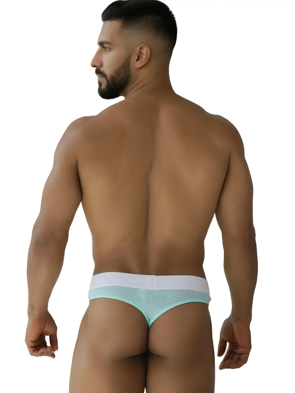 Xtremen 91268 microfiber mesh thong in seawater color, rear view on a model.