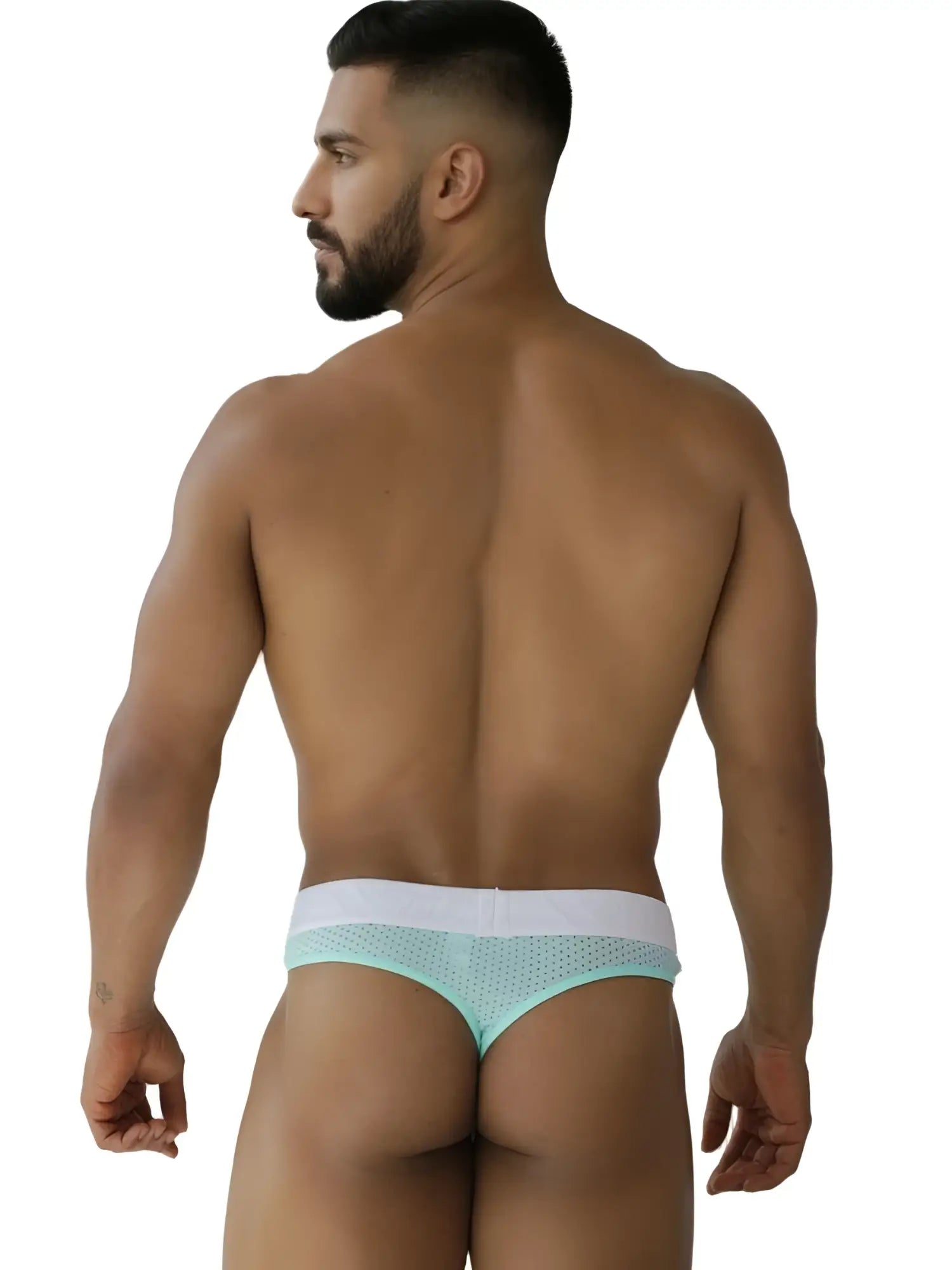 Xtremen 91268 microfiber mesh thong in seawater color, rear view on a model.