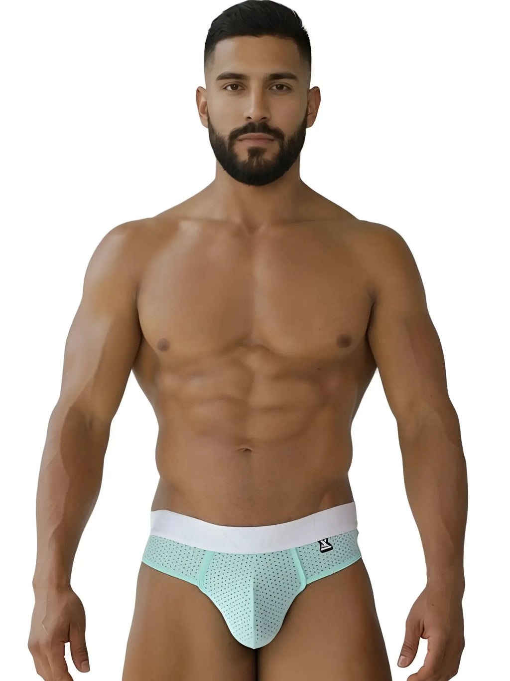 Front view of a man wearing Xtremen 91268 Microfiber Mesh Thongs in Seawater.