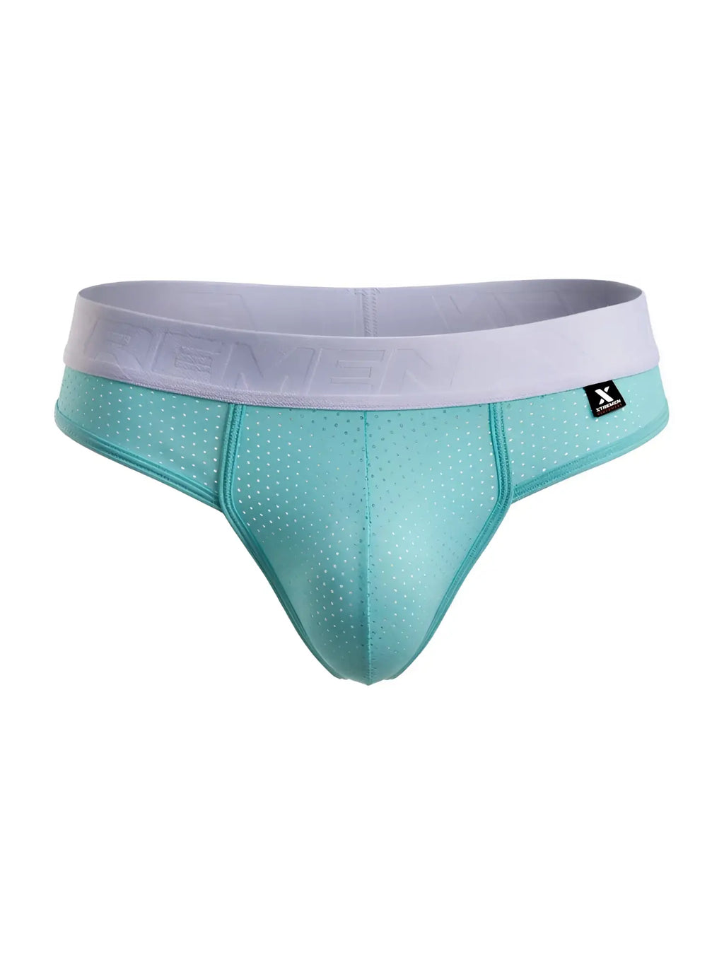 Front view of Xtremen 91268 microfiber mesh thong in seawater color with a branded elastic waistband.