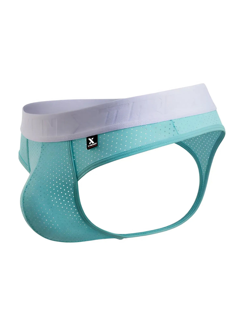 Men's teal jockstrap in perforated athletic fabric with a wide lavender branded elastic waistband.