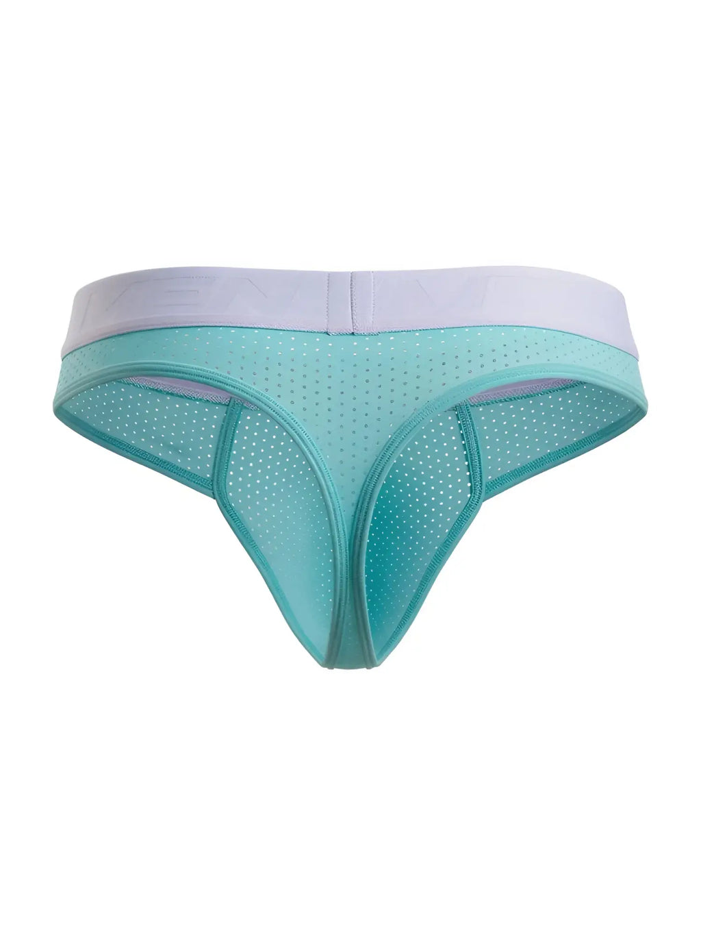 Front view of Xtremen 91268 microfiber mesh thong in seawater color with a light purple waistband.