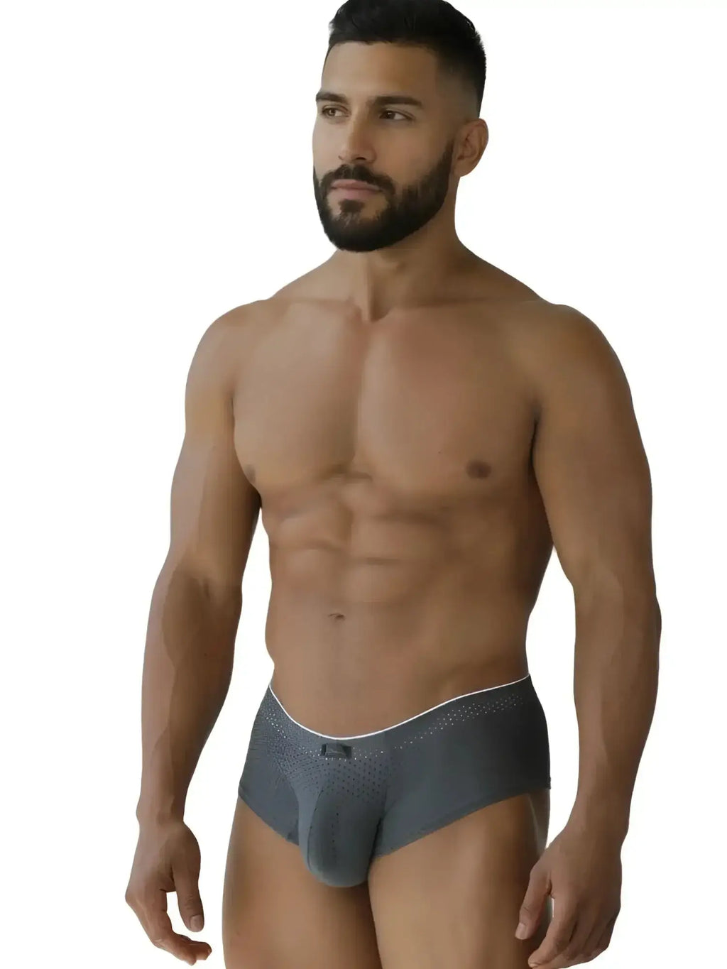 Model wearing gray Xtremen 91269 Microfiber Mesh Briefs, front view.