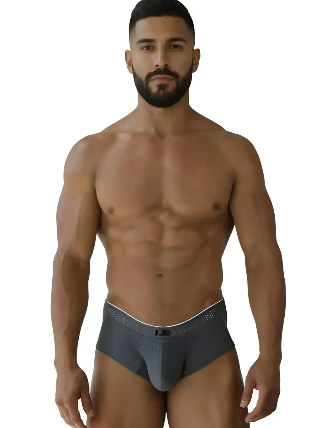Front view of a model wearing Xtremen 91269 gray microfiber mesh briefs.