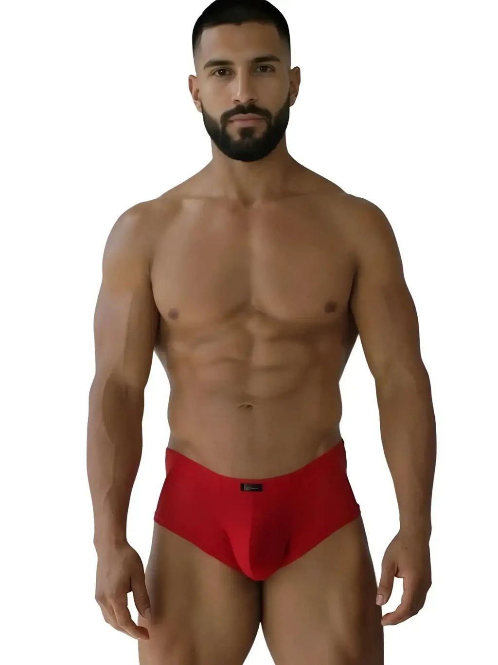 Front view of model wearing red Xtremen 91269 Microfiber Mesh Briefs.