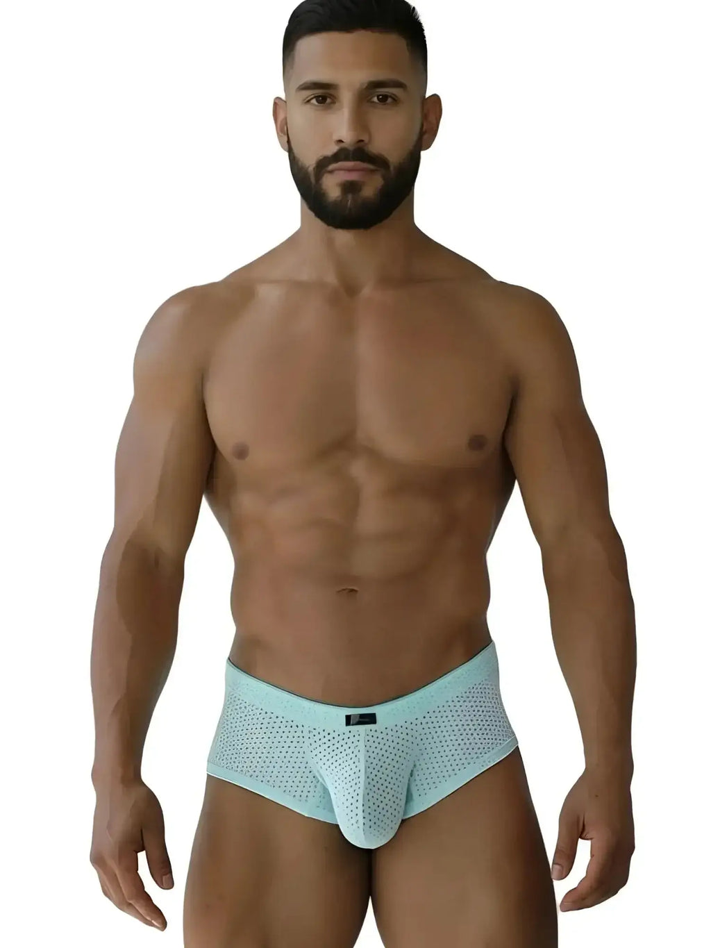 Front view of a model wearing Xtremen 91269 Microfiber Mesh Briefs in Seawater.