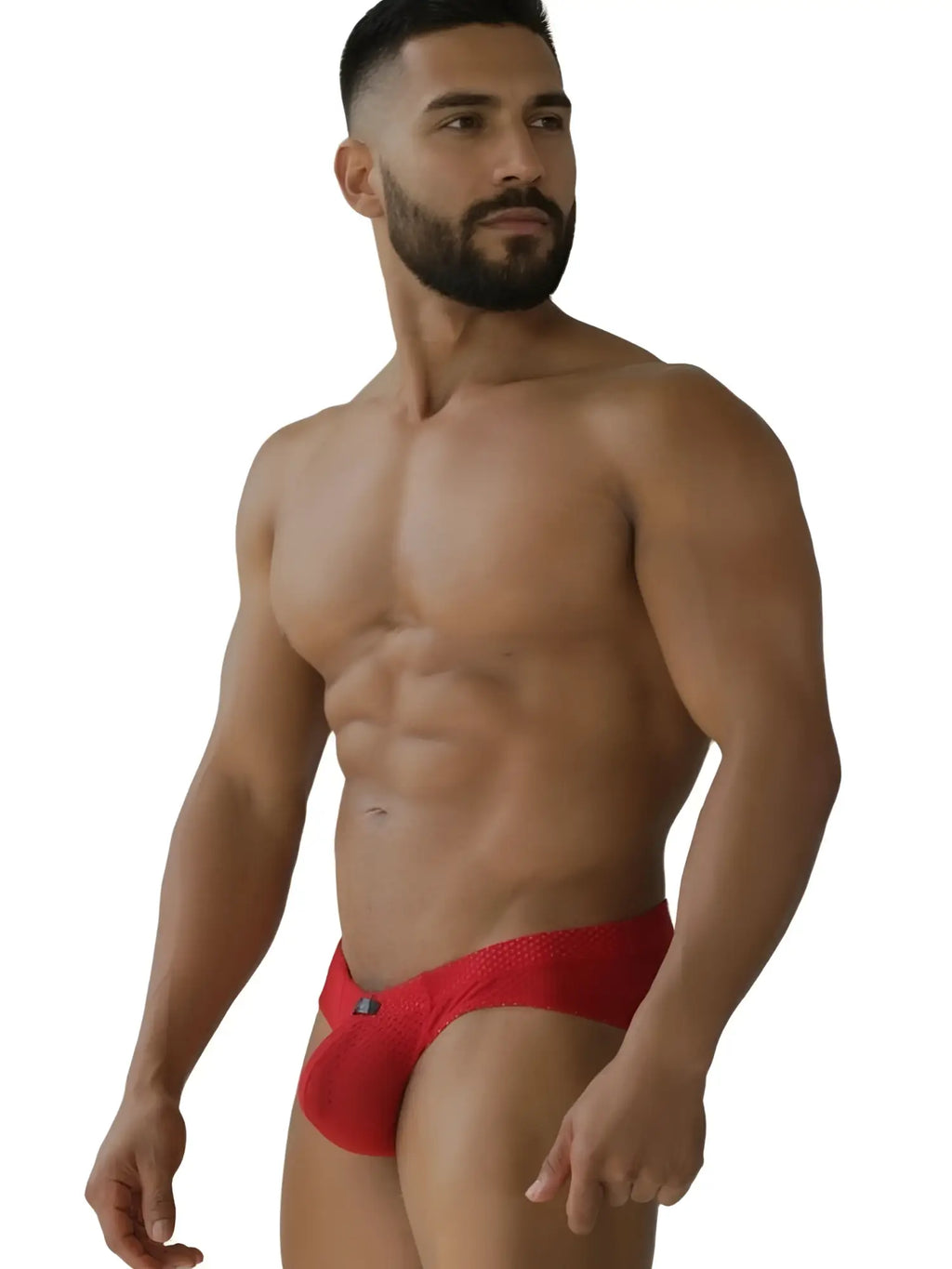 Xtremen 91270 red microfiber mesh briefs on a model, three-quarter view.