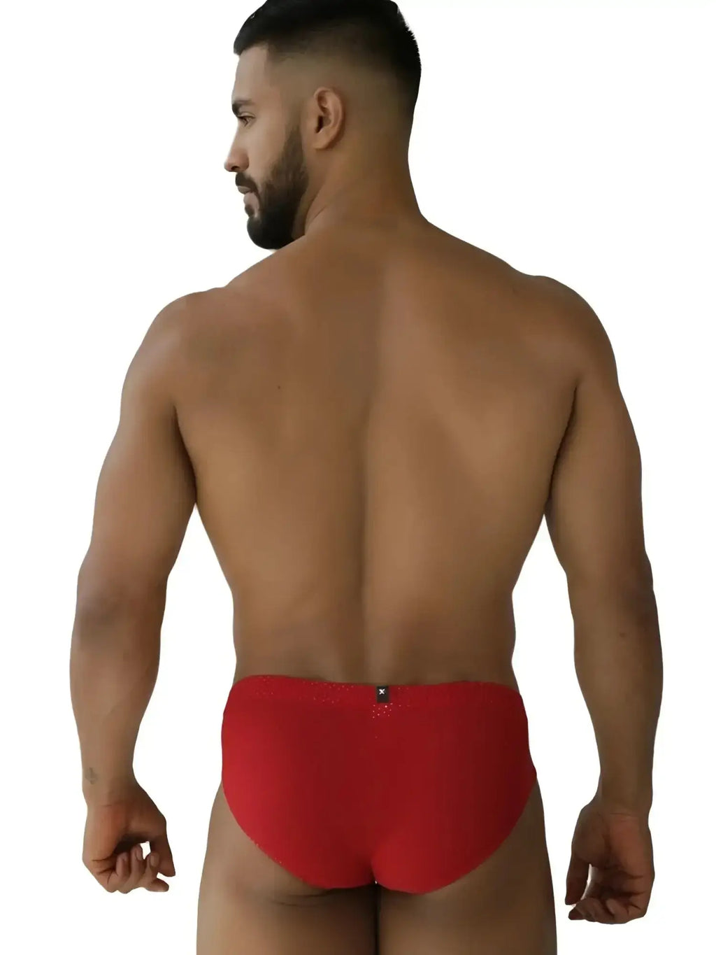 Xtremen 91270 red microfiber mesh briefs on a man, back view.