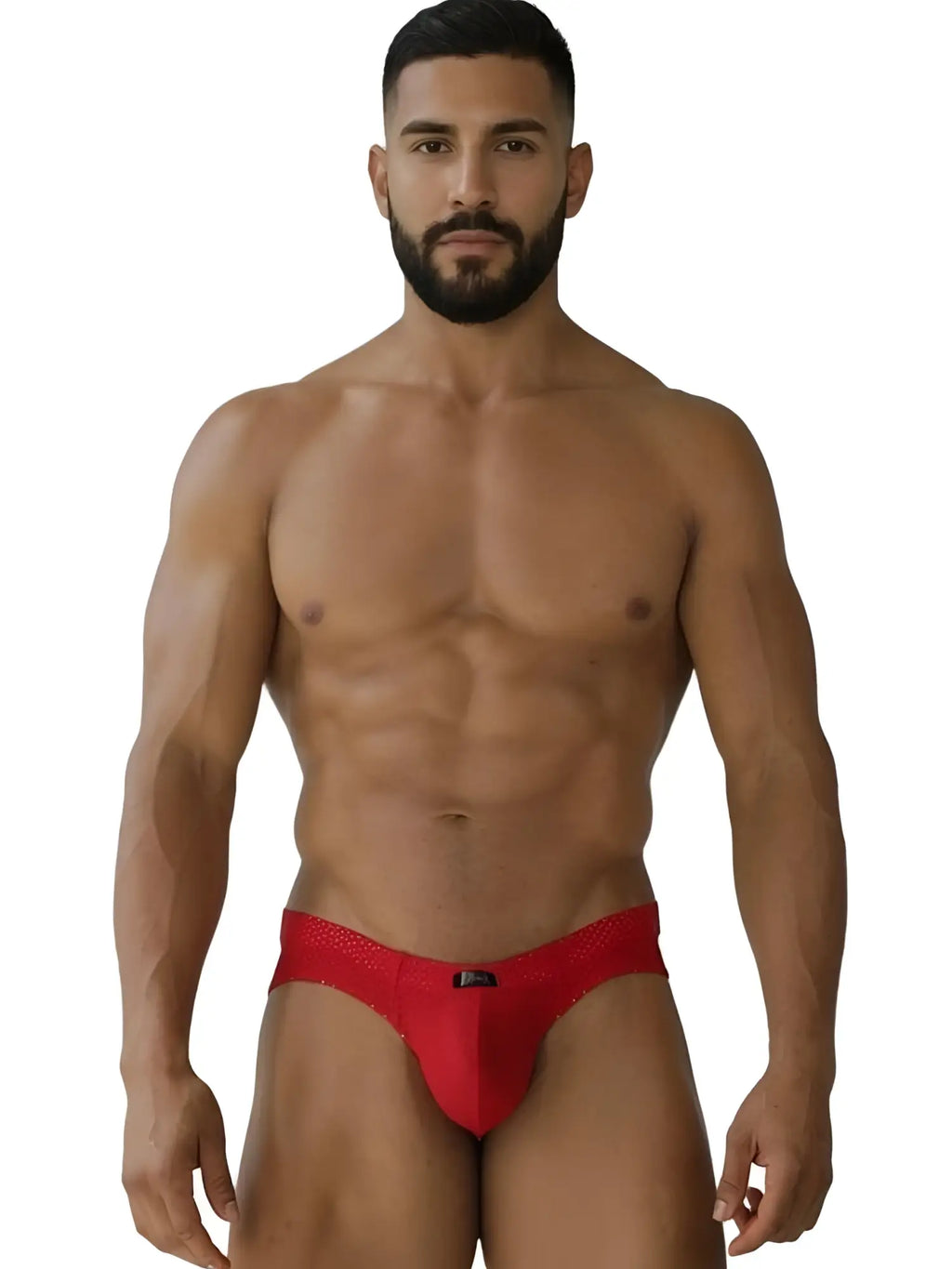 Front view of Xtremen 91270 red microfiber mesh briefs on a male model.