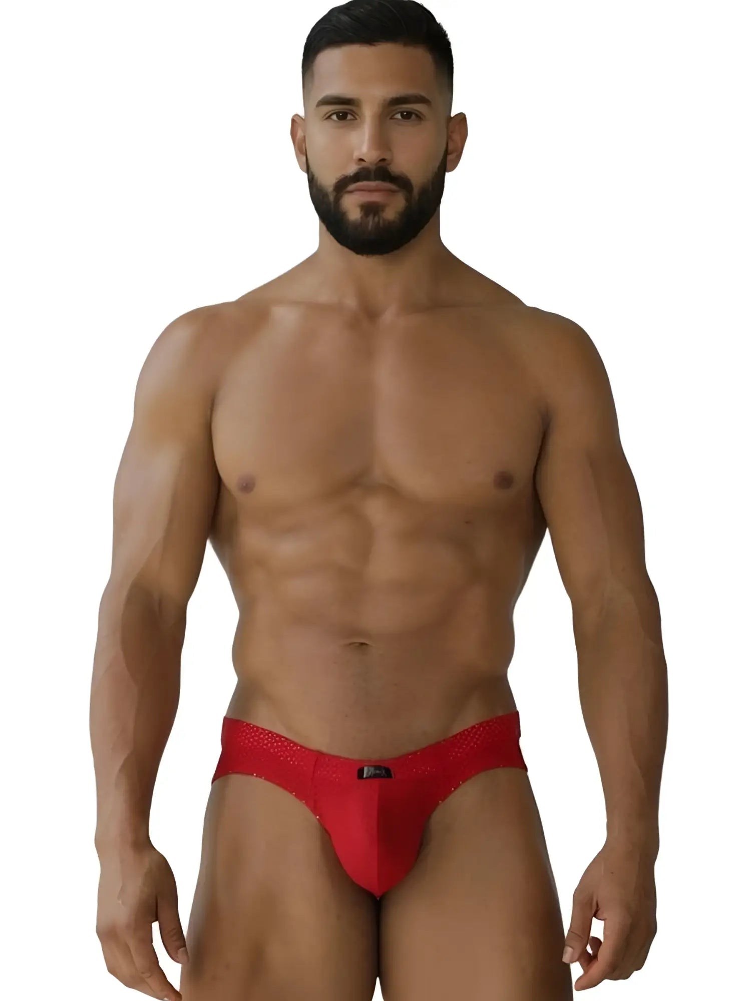 Front view of Xtremen 91270 red microfiber mesh briefs on a male model.