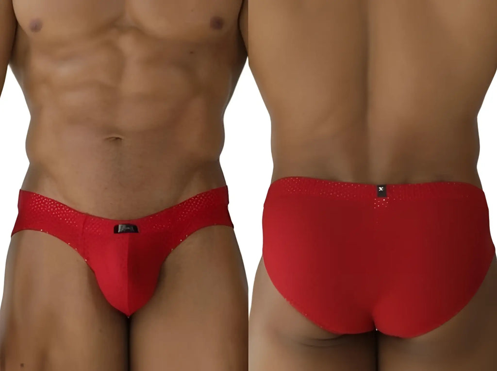 Xtremen 91270 red microfiber mesh briefs shown from both front and back angles on a model.
