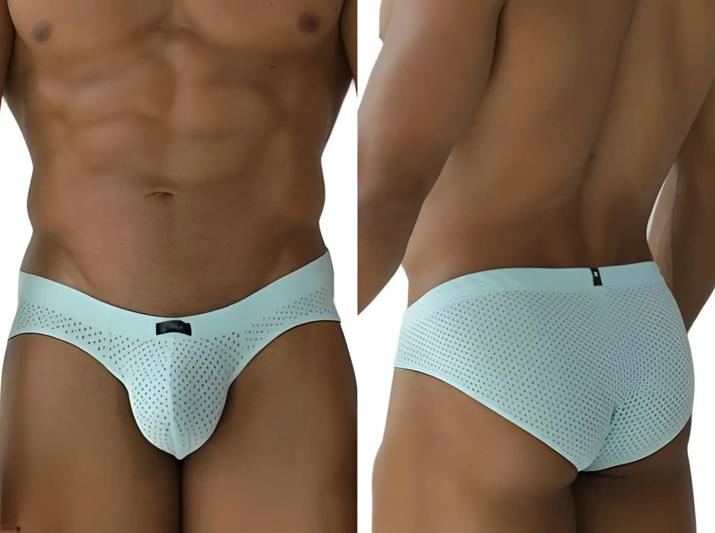 Xtremen 91270 Microfiber Mesh Briefs in Seawater, showing front and back views on a model.