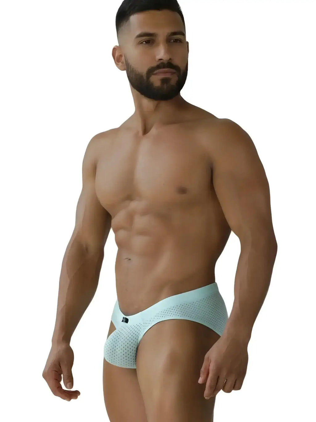 Xtremen 91270 microfiber mesh briefs in seawater, model wearing the underwear, front view.