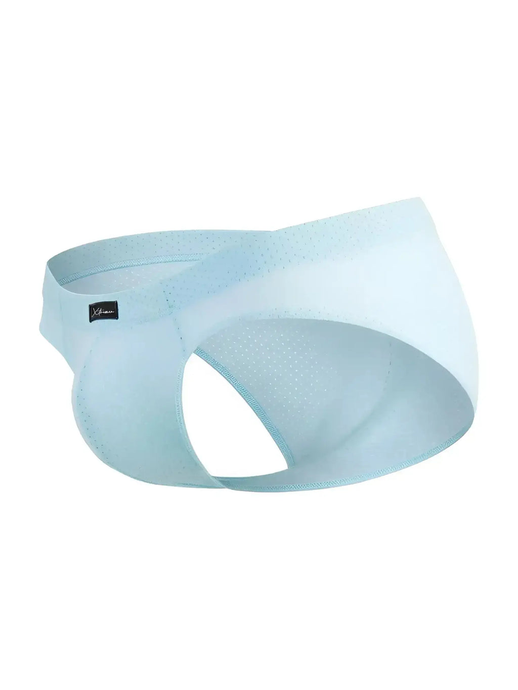 Light blue men's jockstrap in breathable perforated mesh fabric with a sporty elastic waistband and brand logo tag.