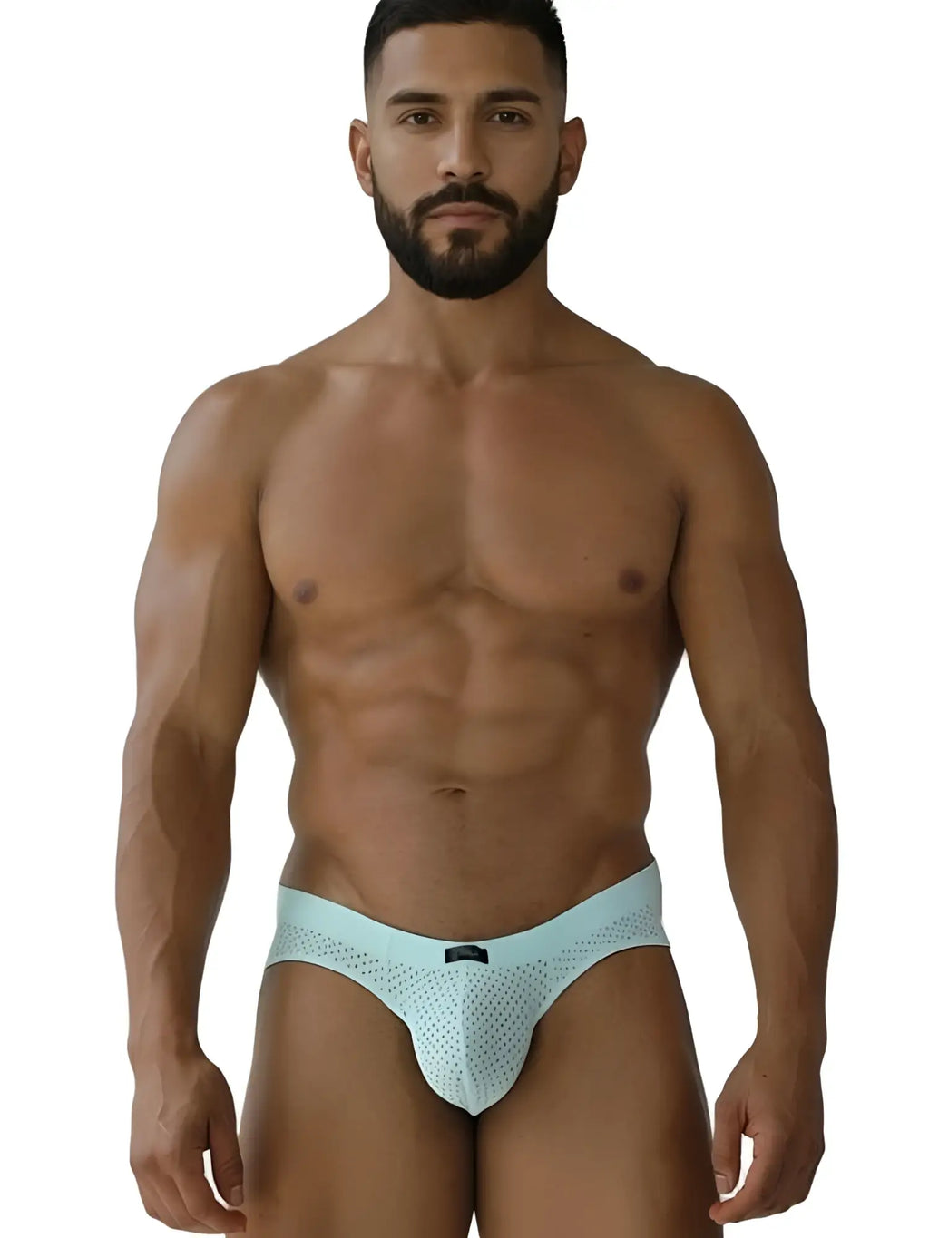 Front view of a model wearing Xtremen 91270 microfiber mesh briefs in seawater color.