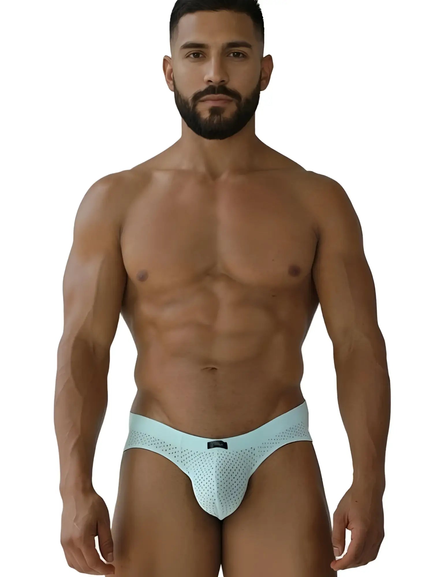 Front view of a model wearing Xtremen 91270 microfiber mesh briefs in seawater color.