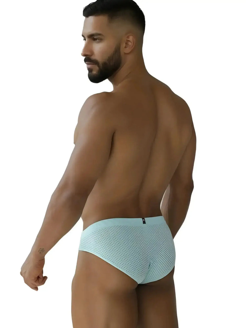 Rear view of a man in Xtremen Seawater blue microfiber mesh briefs, highlighting the cut and fabric texture.