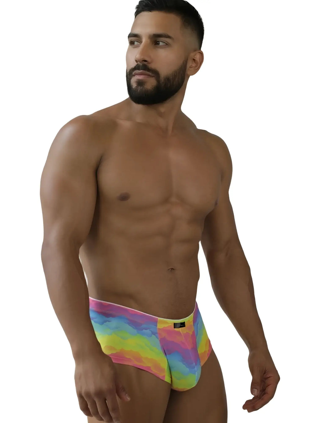 Xtremen 91283 rainbow cloud microfiber briefs modeled on a man, side view.