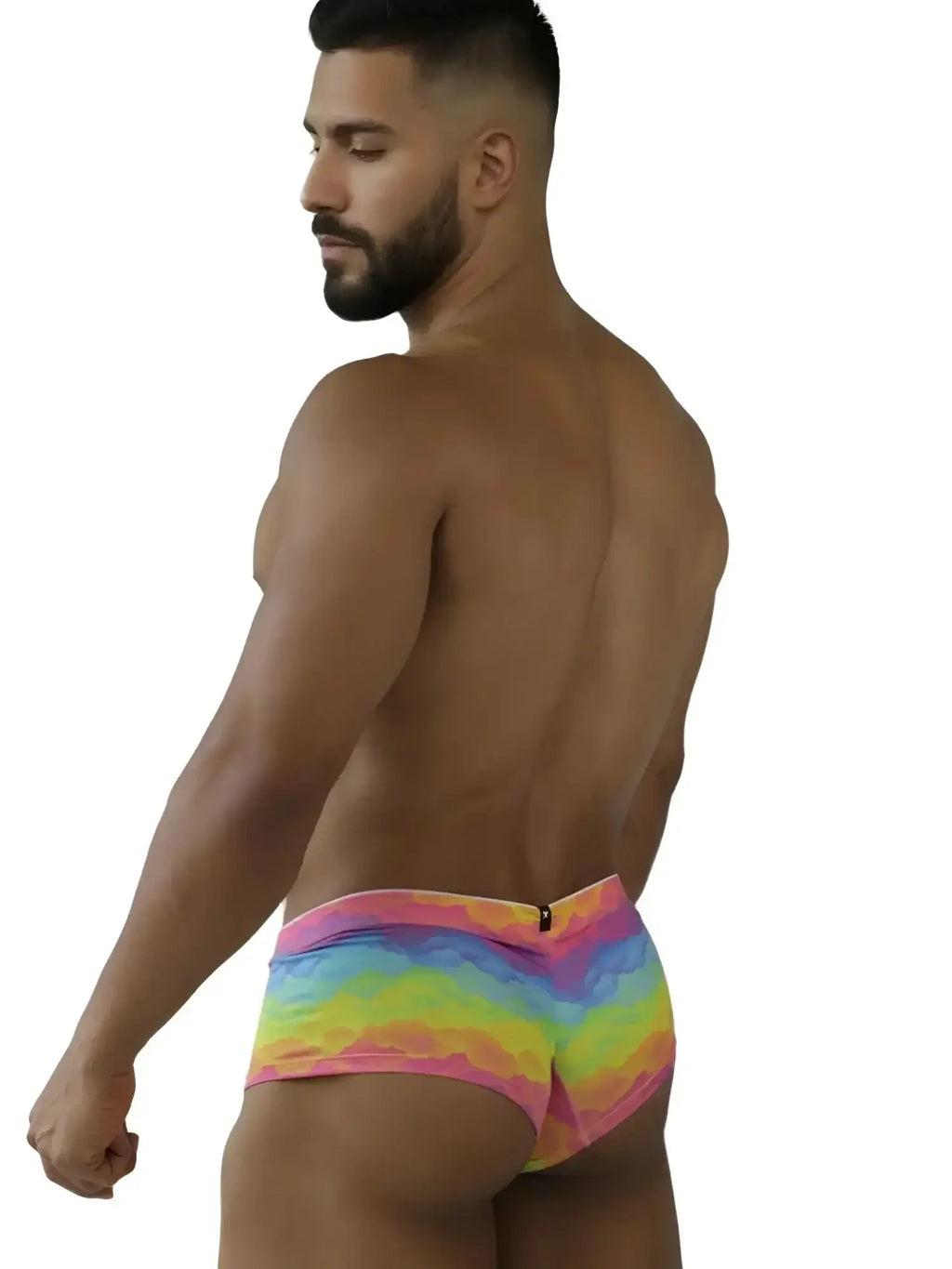 Xtremen 91283 rainbow cloud microfiber briefs, back view on a male model.