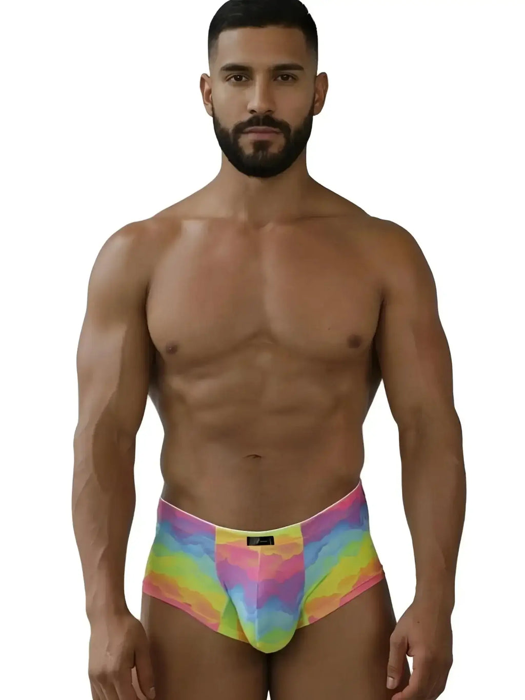 Xtremen 91283 rainbow cloud microfiber briefs on a model, front view.