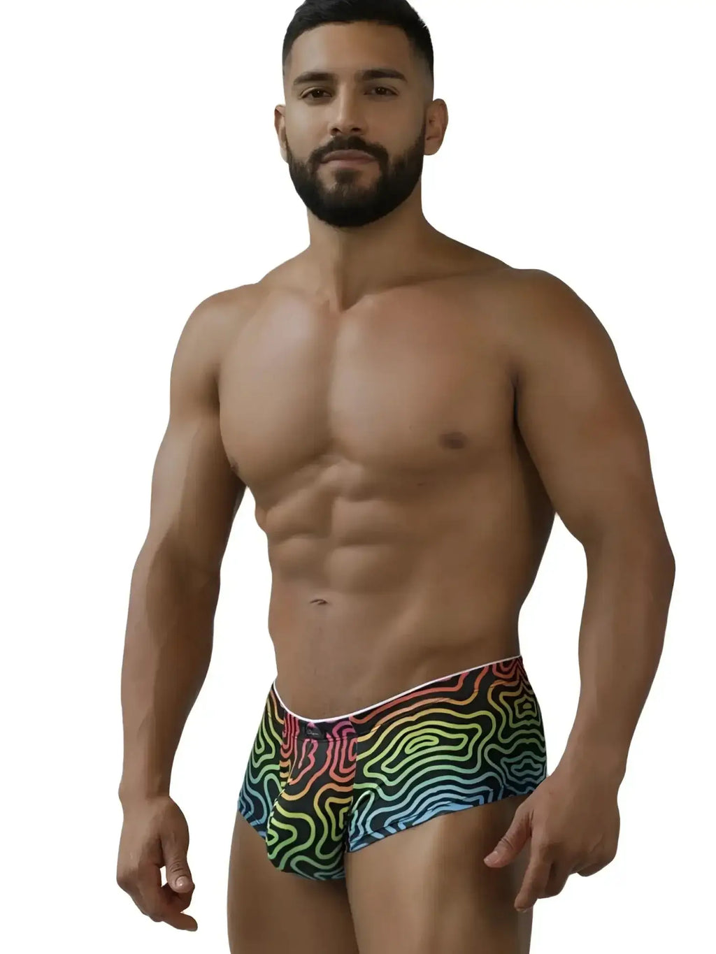 Xtremen 91283 rainbow labyrinth print microfiber briefs, front view on a male model.